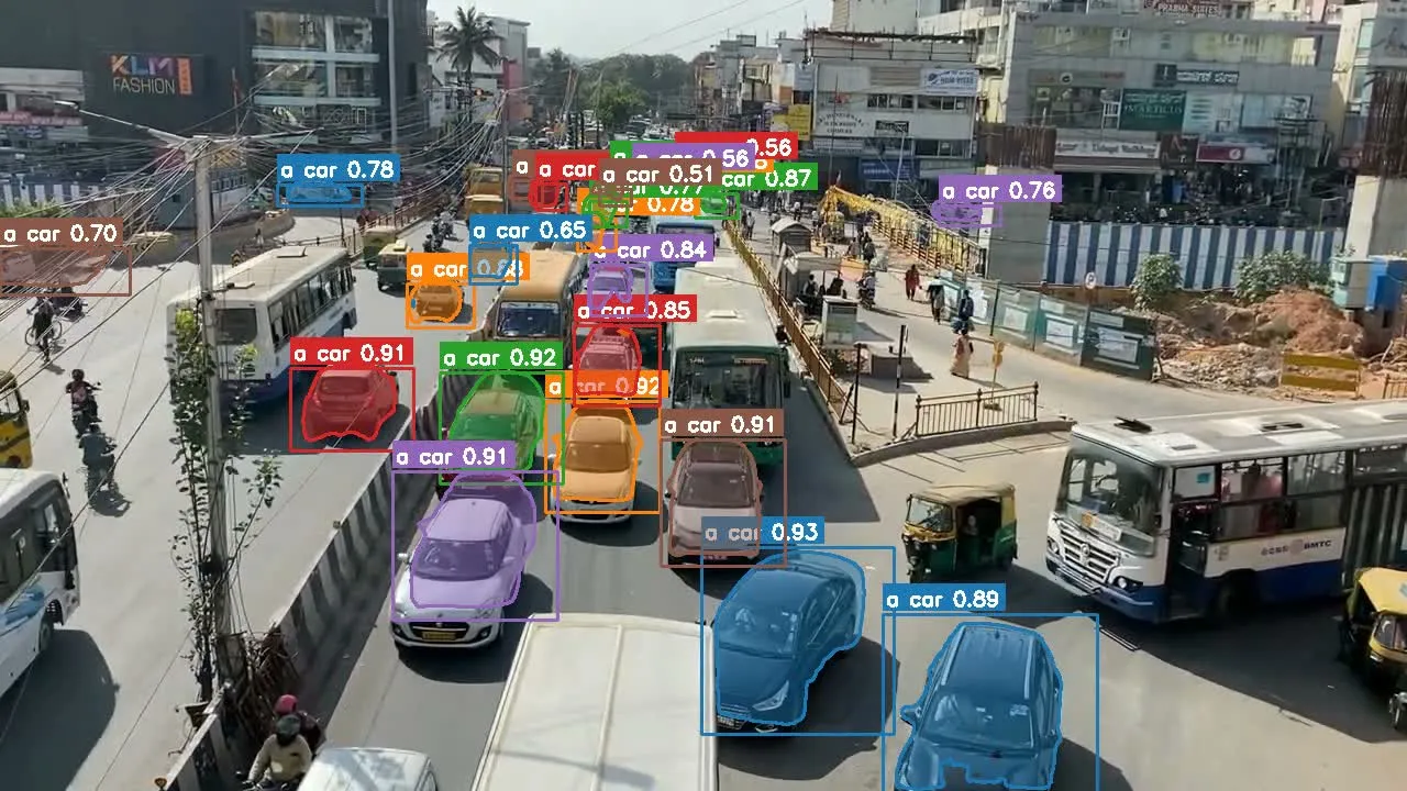 Same clip: dense traffic with color-coded instance masks under the “a car” prompt
